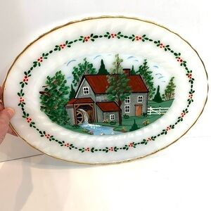 Hand-painted Milk Glass Oval Platter Old Mill Scene 13” x 10”